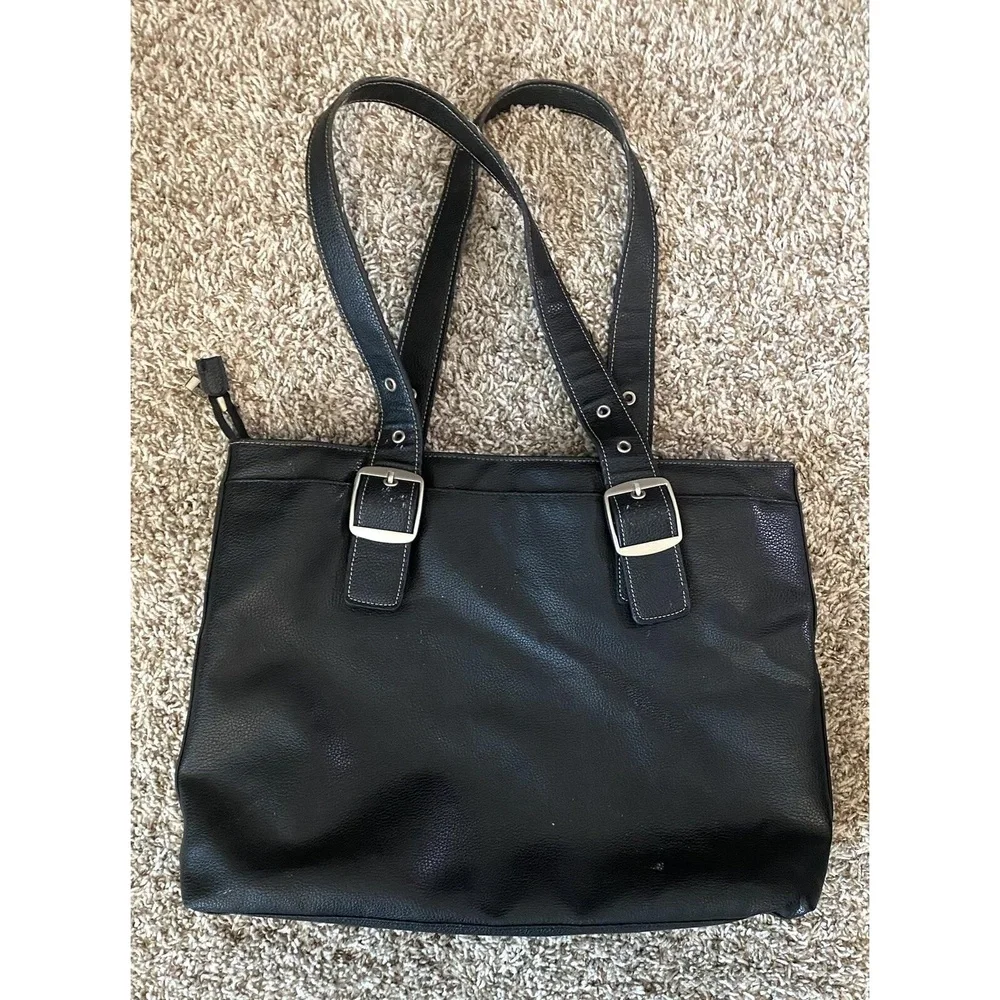 SOLO Black Leather Double Strap Computer Laptop Bag - Large with Red Interiors